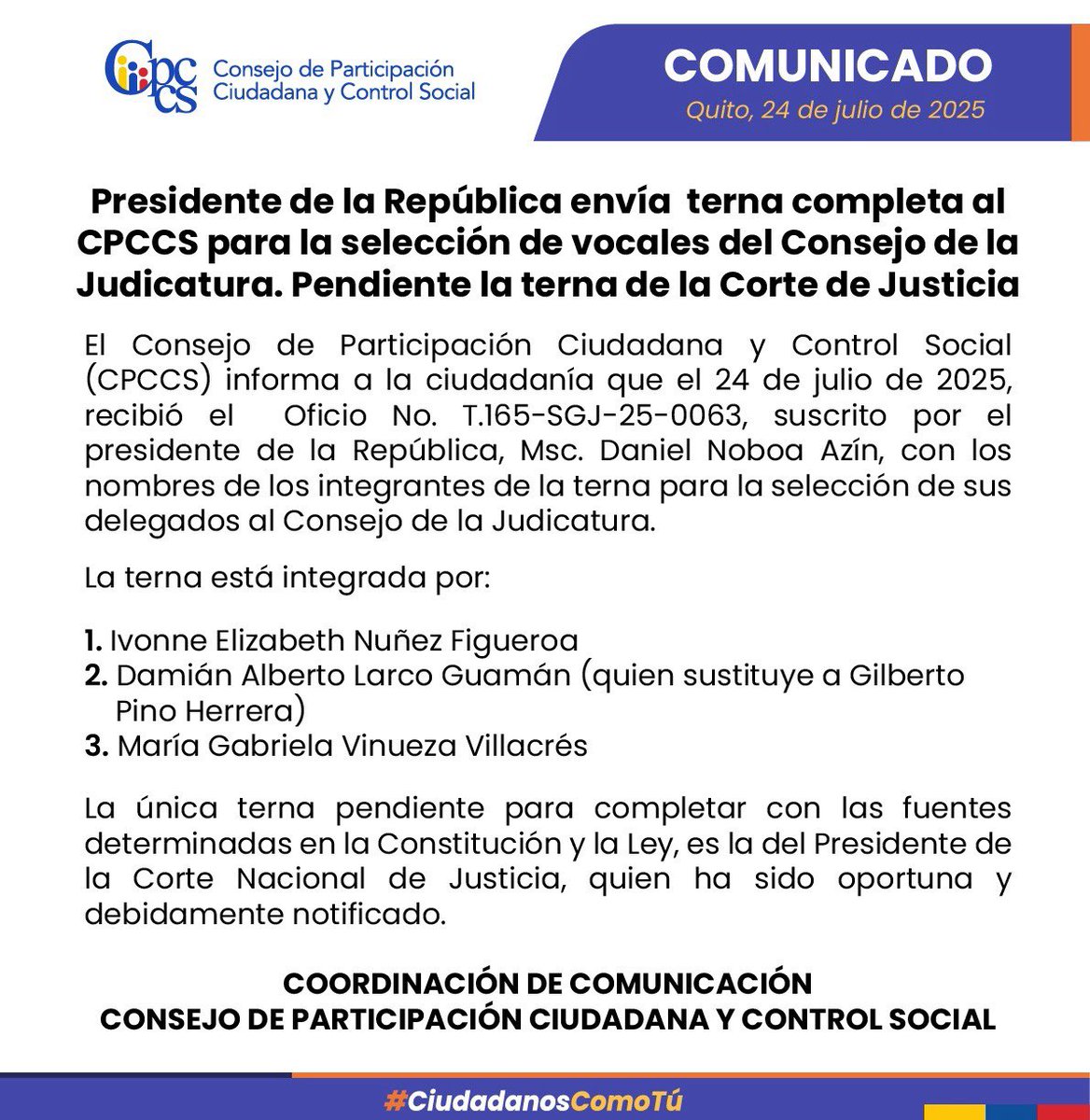 El CPCCS recibió la terna del Ejecutivo para el Consejo de la Judicatura 👇🏽