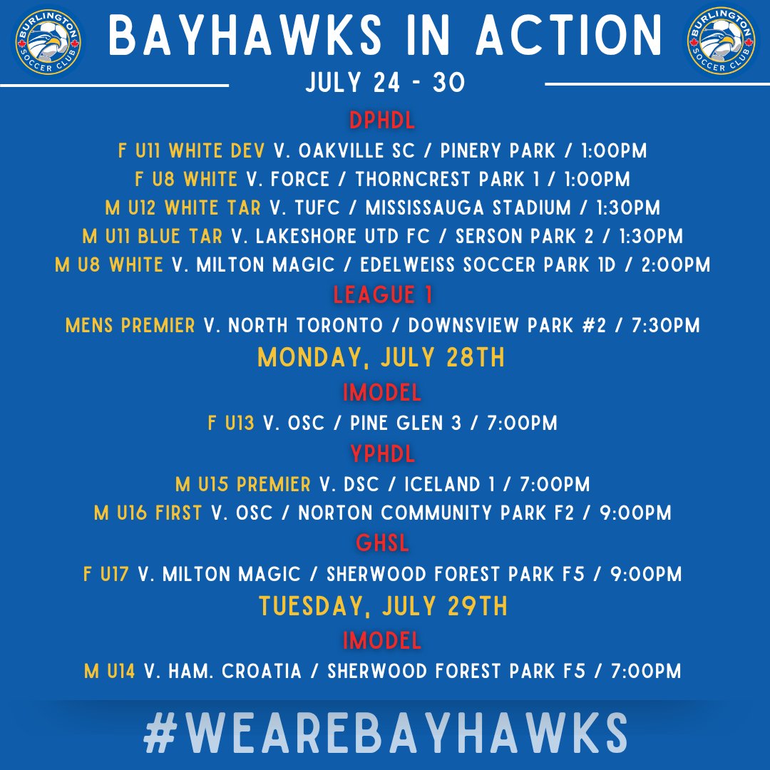 Our #bayhawks are in action this weekend!!⚽

Come out and support! Don't forget to wear your 🔵 &amp; 🟡

#wearebayhawks #soccerforlife #gameon #burlON #gobayhawks