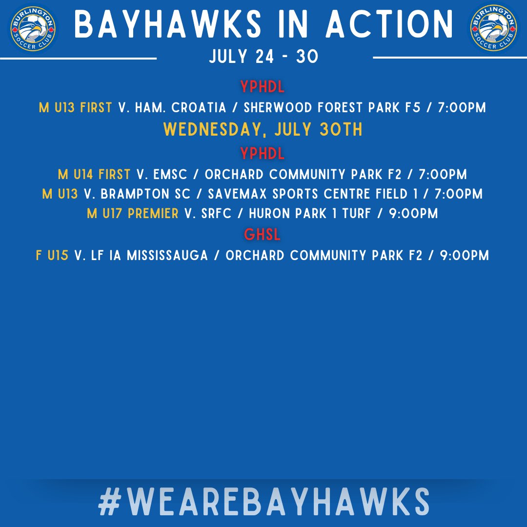Our #bayhawks are in action this weekend!!⚽

Come out and support! Don't forget to wear your 🔵 &amp; 🟡

#wearebayhawks #soccerforlife #gameon #burlON #gobayhawks