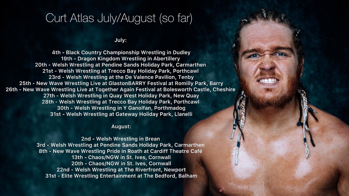 CurtAtlas's tweet image. HOSS STYLE SUMMER
Some of the up and coming dates I have for the rest of July and August!
@BCCW2021 @Welsh_Wrestling @DragonKingdomW @NewWaveWrestli1 #NGW @chaos_wrestling @TheEWEUK #festival #glastonbarry #togetheragainfestival #professionalwrestling #wrestler