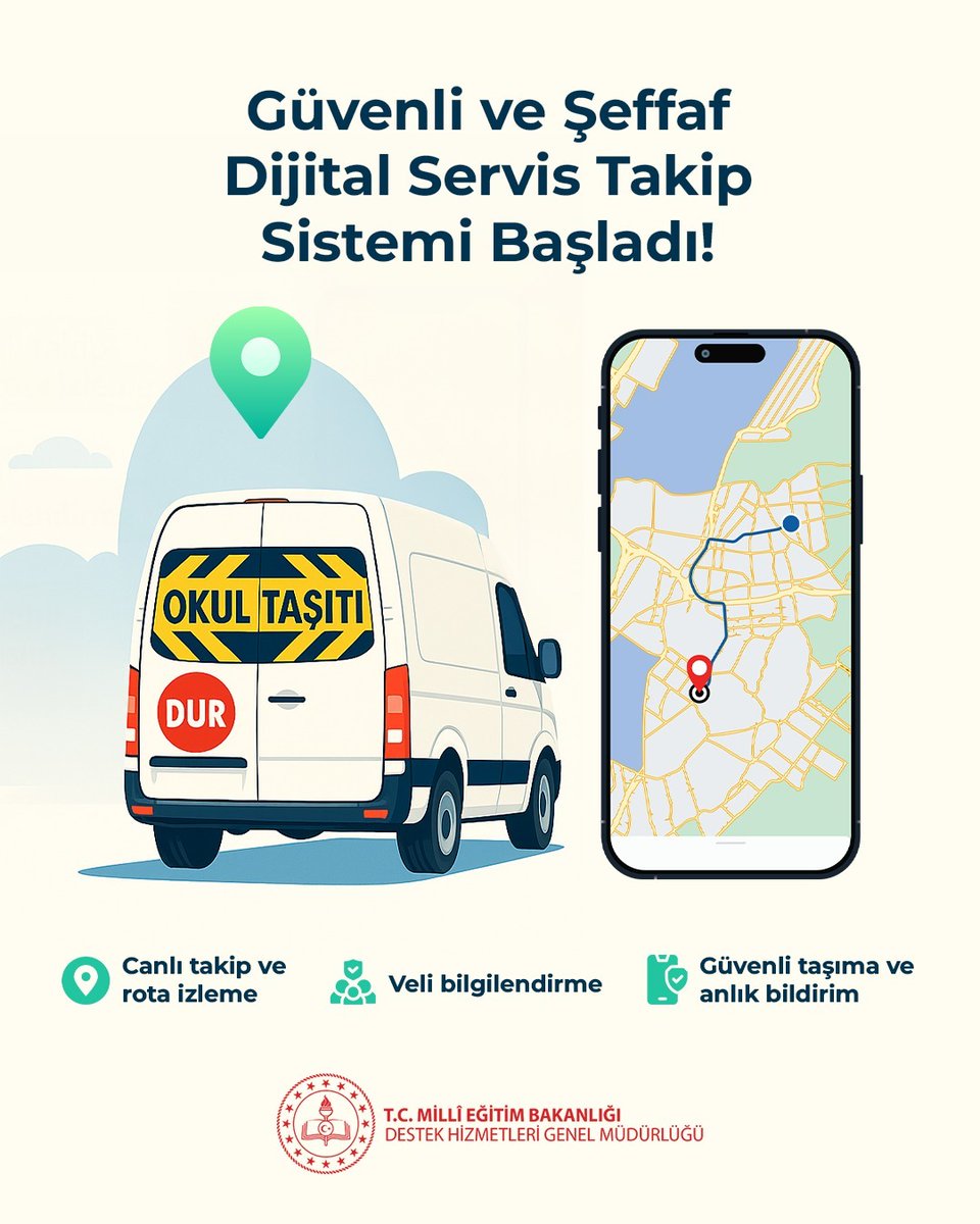 Taşımalı Eğitim Hizmetinde Dijital Takip Dönemi Başladı 🚐 

Taşımalı eğitim hizmetinde daha güvenli ve şeffaf bir yapı oluşturulması amacıyla hazırlanan "Öğrenci Servisi Planlama, Takip, Kontrol, Bilgilendirme ve Yönetim Sistemi"yle servis araçları anlık olarak izlenebilecek.📱