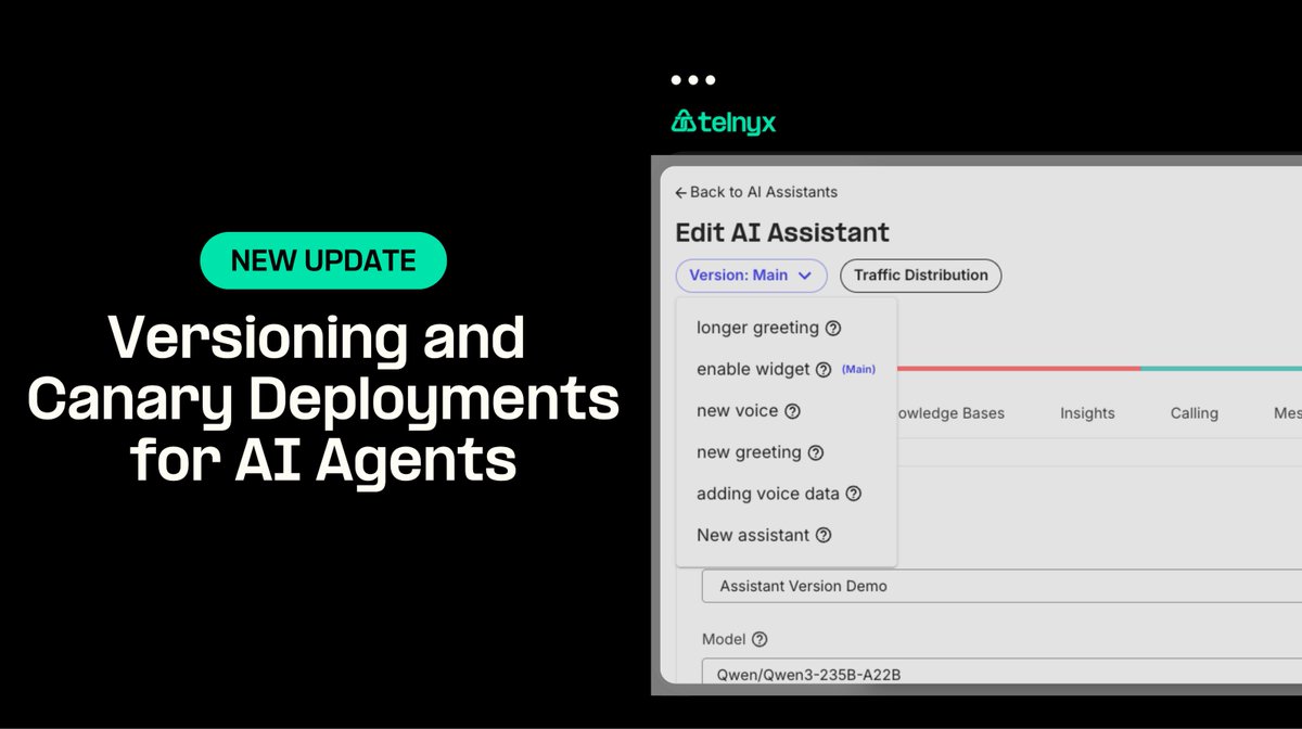 Now live: Versioning and canary deployments for Telnyx AI Agents 🚀

Create multiple versions, compare performance, and safely roll out updates with built-in tools for testing and traffic control.

🔗 telnyx.com/release-notes/… 

#AIAgents #Versioning #CanaryDeploys