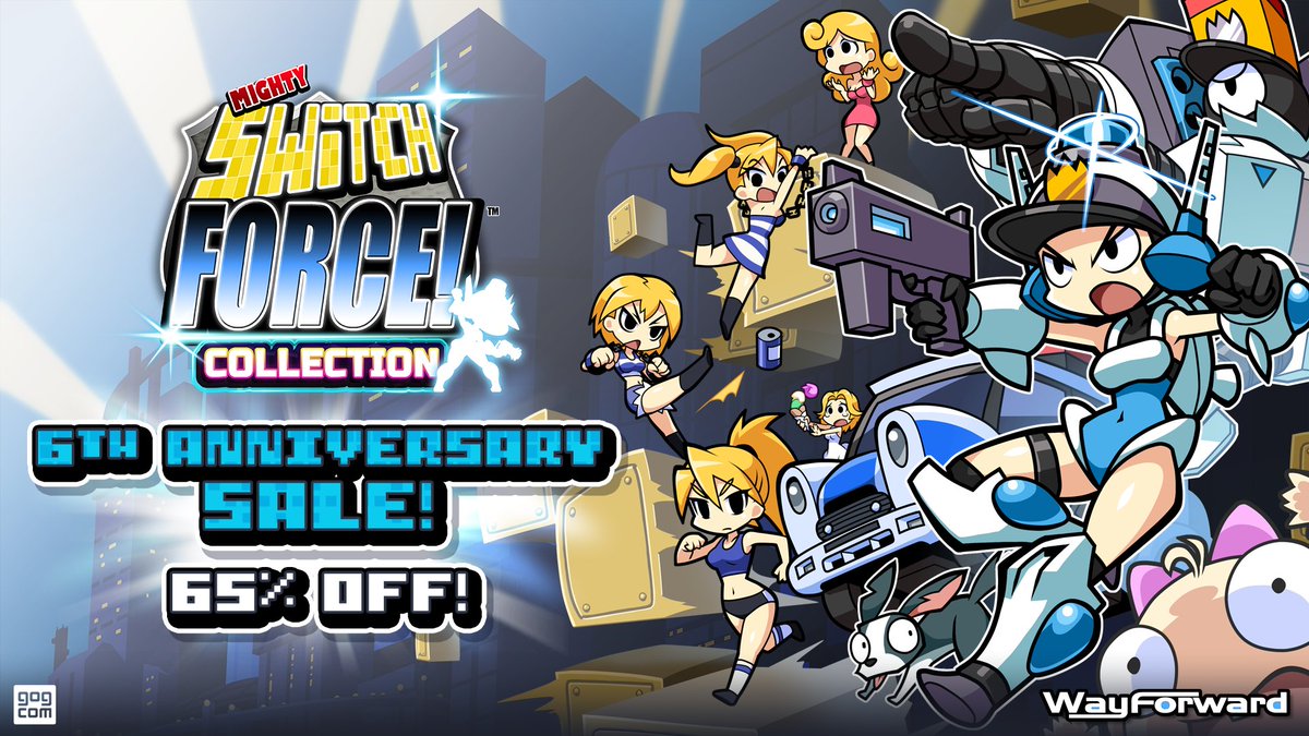 WayForward's tweet image. Tomorrow, Mighty Switch Force Collection turns 6 years old, so in celebration the game is 65% off on @GOGcom! With four games of puzzle/platforming action, that's a steal! (But Officer Wagon won't arrest you, don't worry.)