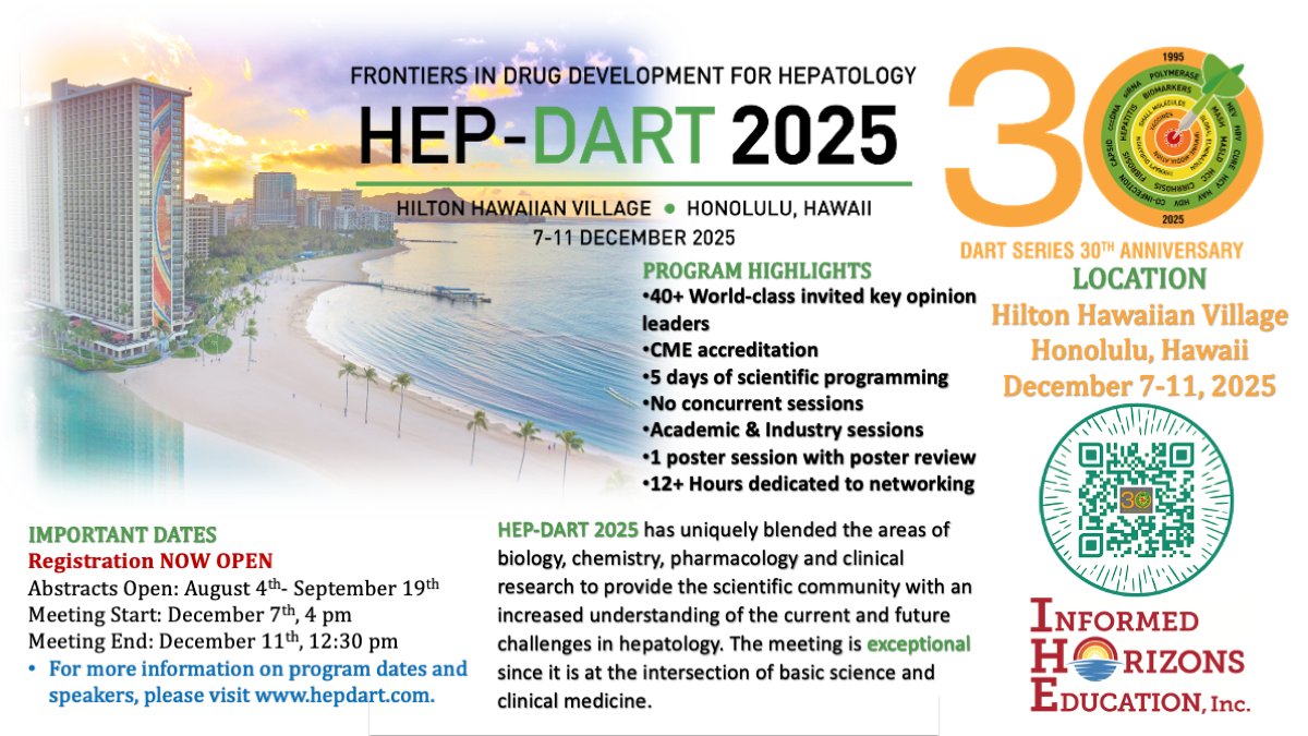NASTAD's tweet image. 🚨 HEP-DART 2025: 30th Anniversary Conference 🚨
This premier conference brings together global experts in hepatitis, drug development, and liver disease.
📍 Honolulu, Hawaii | 📅 December 7-11
🔗 hepdart.com
#Hepatitis #LiverDisease #GlobalHealth