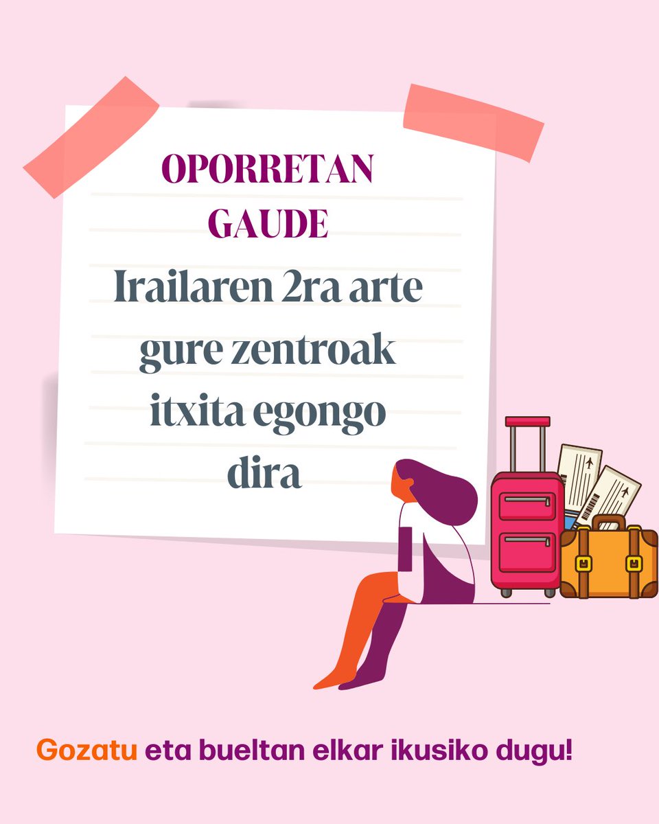 📌 Nuestros centros ya están cerrados por vacaciones, pero el verano también es tiempo para seguir aprendiendo: a descansar, a compartir, a cuidarnos...
Irailean elkar egongo gara berriro.
🏖️🚵🌊Udaz Gozatu!