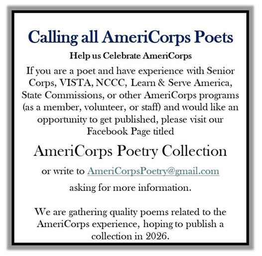 EngageKY (@engageky) on Twitter photo Celebrating #AmeriCorps through poetry! ✍️ Are you a poet? Submit your work for a chance to be published in a book of AmeriCorps-focused poetry by 2026! Deadline: Nov 30, 2025. Learn more at the AmeriCorps Poetry Collection Facebook page or email americorpspoetry@gmail.com. Celebrating #AmeriCorps through poetry! ✍️ Are you a poet? Submit your work for a chance to be published in a book of AmeriCorps-focused poetry by 2026! Deadline: Nov 30, 2025. Learn more at the AmeriCorps Poetry Collection Facebook page or email americorpspoetry@gmail.com.