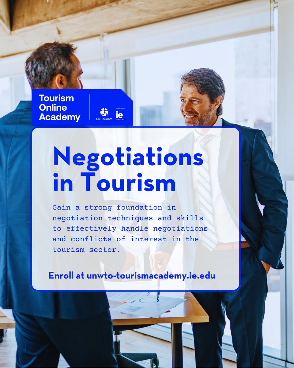 UNWTOAcademy's tweet image. Master negotiation skills tailored for tourism! Learn techniques to handle conflicts & secure deals in the tourism industry. Join the UN Tourism Online Academy today.
Enroll now: unwto-tourismacademy.ie.edu
#Tourism #Negotiation #OnlineCourse