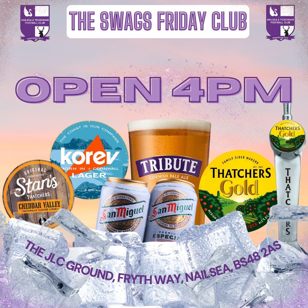 NandTFC's tweet image. Kick off your weekend the right way at Nailsea &amp;amp; Tickenham FC!

The Swags bar will be open every Friday evening from 4PM with ice-cold beer on tap, a relaxed vibe and plenty of room to unwind .

Swing by, cool down, and start the weekend with us!