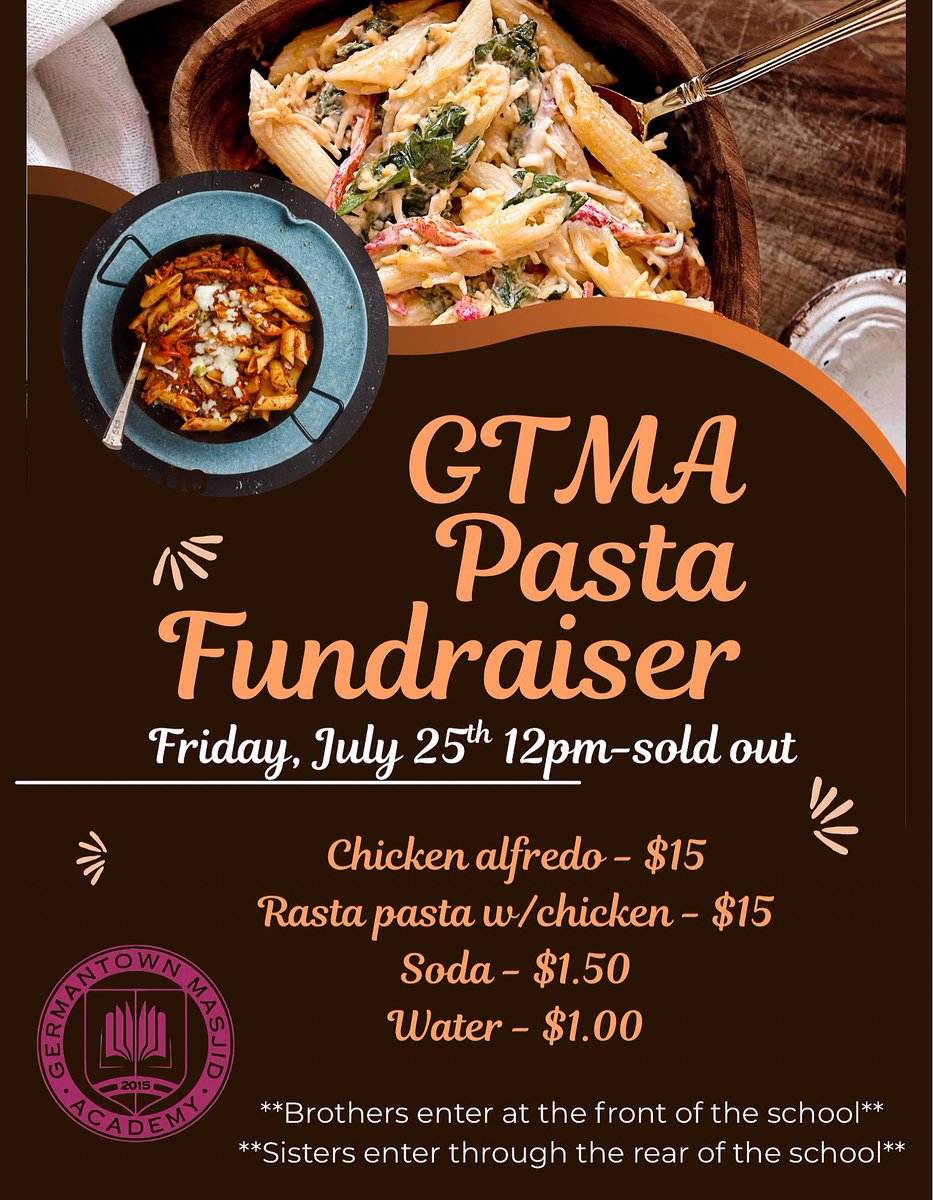 gtma_info's tweet image. 📣 Fundraising Event
Ways to support:
📍 Come by and grab a bite to eat
📍 If you are not in the area, purchase and donate to someone
📍 Share this post
Cashapp: $germantownmasjidacademy
PayPal: gtownmasjidacademy
Stay tuned for upcoming fundraiser events