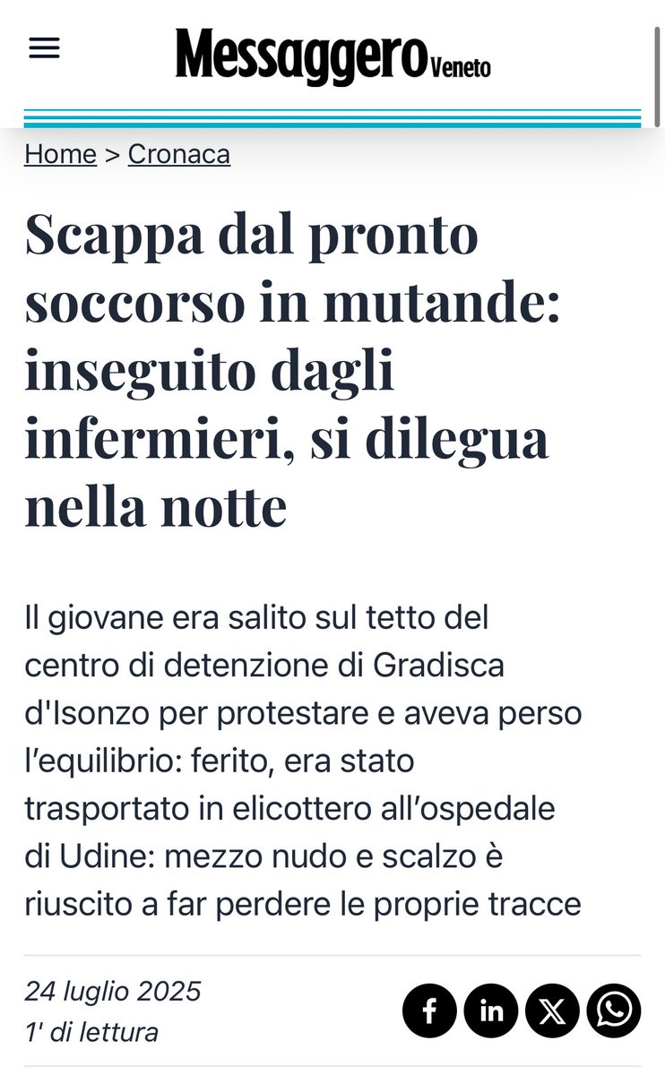 Immigrato (clandestino, criminale o entrambi) 

👉sale sul tetto del centro di permanenza per i rimpatri di Gradisca
👉 cade
👉 viene trasportato in elicottero all’ospedale 
👉 dopo essere stato medicato, fugge dal pronto soccorso 

Ma l’elicottero non viene usato per i feriti