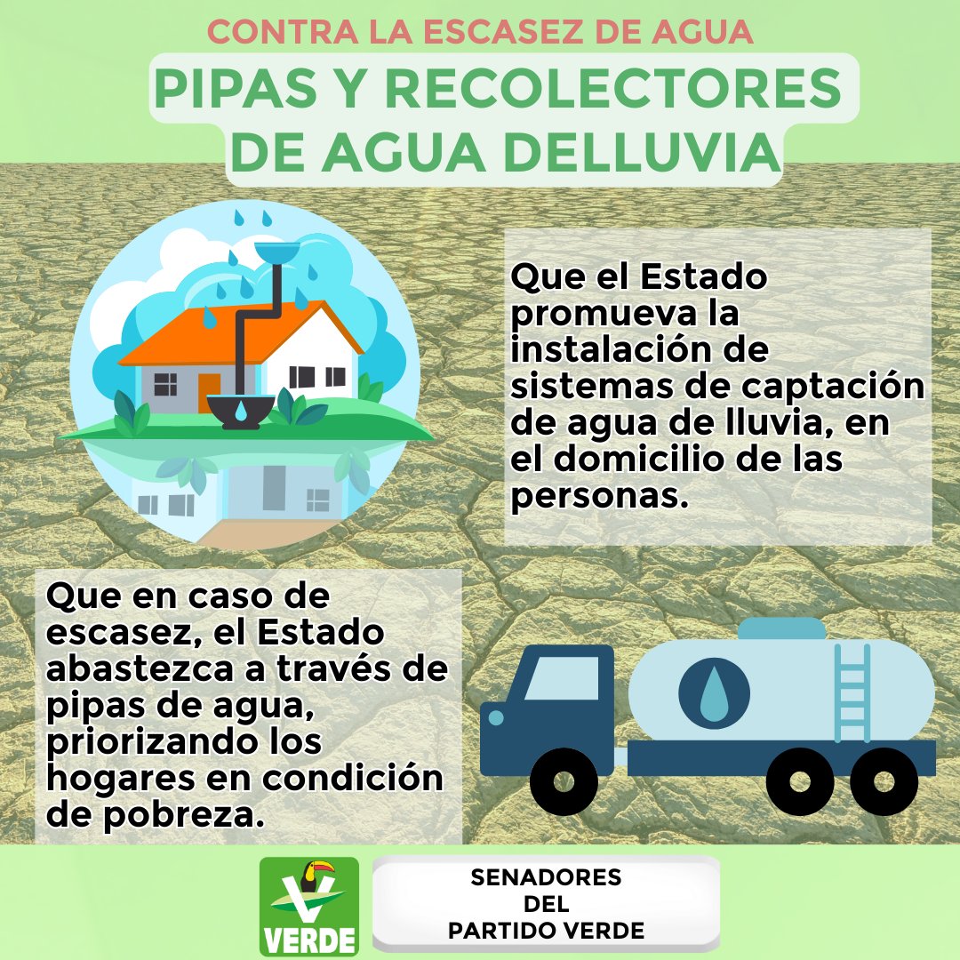 💧🚨21 millones de mexicanos no tienen agua a diario, el cambio climático agrava el problema, por lo que proponemos que en caso de escasez, el Estado distribuya pipas de agua y promueva la instalación de sistemas de captación de lluvia.
partidoverde.org.mx/prensa/senado/…