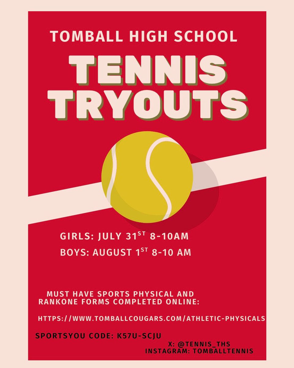 Tomball High School Tennis 🎾 (@tennis_ths) on Twitter photo 🚨1 week away from Tennis Tryouts‼️
3 things you must do:
1. Complete physical
2. Fill out RankOne forms
3. Fill out registration form
Use these links:
forms.gle/uRaaGUL36SL9RG…
tomballcougars.com/athletic-physi…
<a href="/TISDTHS/">Tomball High School</a> <a href="/THS__athletics/">Tomball High School Athletics</a> <a href="/TISDCounselors/">TISD_THS Counselors</a> <a href="/thsabcinfo/">THS Athletic Booster Club</a> <a href="/handal_dave/">Dave Handal</a> #GoCoogs 🚨1 week away from Tennis Tryouts‼️
3 things you must do:
1. Complete physical
2. Fill out RankOne forms
3. Fill out registration form
Use these links:
forms.gle/uRaaGUL36SL9RG…
tomballcougars.com/athletic-physi…
<a href="/TISDTHS/">Tomball High School</a> <a href="/THS__athletics/">Tomball High School Athletics</a> <a href="/TISDCounselors/">TISD_THS Counselors</a> <a href="/thsabcinfo/">THS Athletic Booster Club</a> <a href="/handal_dave/">Dave Handal</a> #GoCoogs