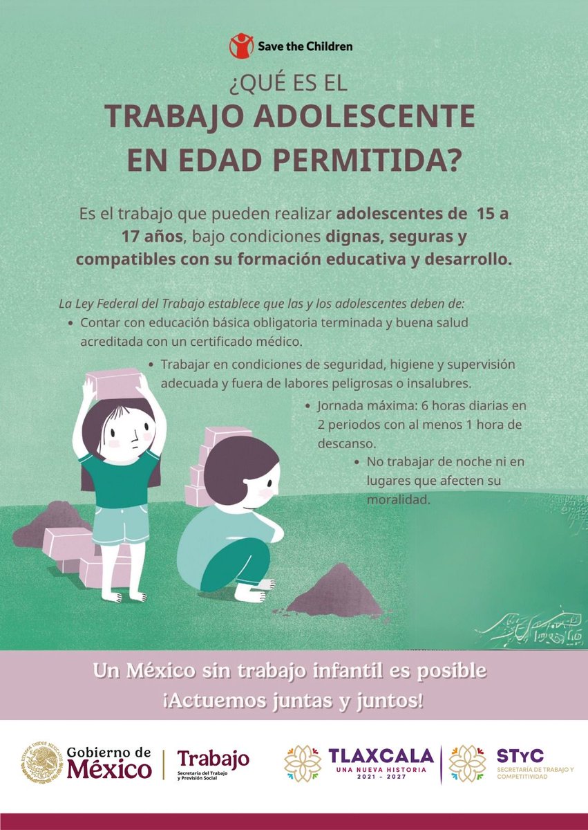 México contra el trabajo infantil
Adolescentes de 15 a 17 años pueden realizar trabajos bajo condiciones dignas, seguras y compatibles con su formación educativa.
Asegúrate de cumplir con lo que establece la Ley Federal del Trabajo.
#UnaNuevaHistoria en la protección de la niñez
