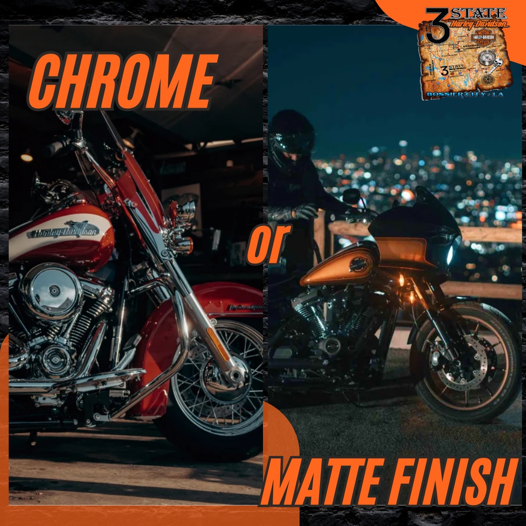 3StateHarley's tweet photo. #ThisOrThat 🌟 Chrome or Matte Finish? Which look revs your engine? Do you prefer your ride shiny and bold, or sleek and subtle? Let us know your style! 🏍️✨ 🦅 #FindYourFreedom at #3StateHarleyDavidson 🚩2225 Autoplex Drive in #BossierCity. https://t.co/mfUNxeMWpr