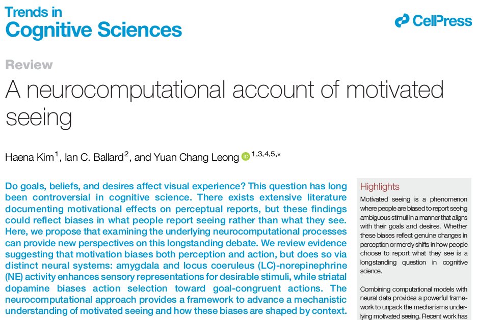 Trends in Cognitive Sciences (@trendscognsci) on Twitter photo A neurocomputational account of motivated seeing
Review by Haena Kim, Ian Ballard (<a href="/iancballard/">Ian Ballard 🏳️🌈</a>), & Yuan Chang Leong (<a href="/YuanChangLeong/">Yuan Chang Leong</a>)
Free access before August 20: tinyurl.com/ywhey8ww A neurocomputational account of motivated seeing
Review by Haena Kim, Ian Ballard (<a href="/iancballard/">Ian Ballard 🏳️🌈</a>), & Yuan Chang Leong (<a href="/YuanChangLeong/">Yuan Chang Leong</a>)
Free access before August 20: tinyurl.com/ywhey8ww