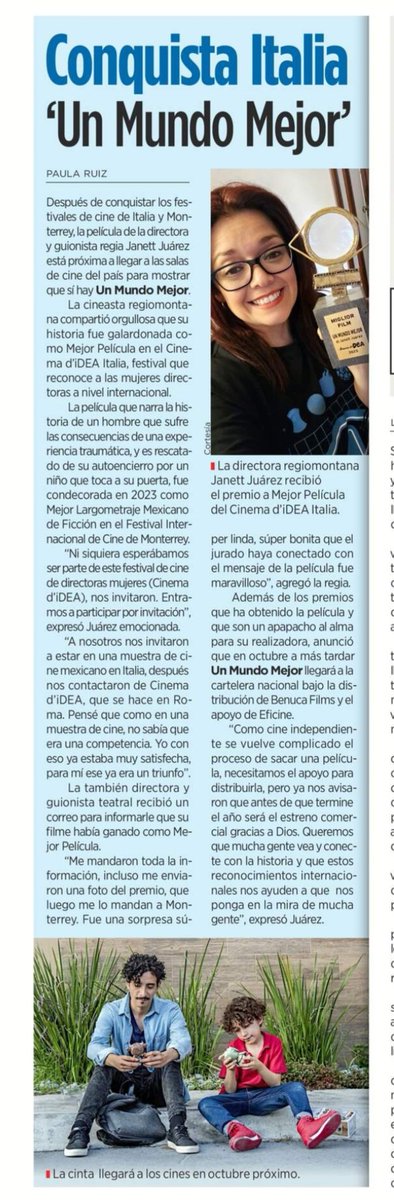 JanettJeeL's tweet image. Muchísimas Gracias al periódico @elnorte y a Paula Ruiz por esta padrísima nota sobre UN MUNDO MEJOR.
Gracias @cinemadidea por este reconocimiento. Lo recibimos con gratitud y cariño. Gracias por conectar con el corazón de la película. #UnMundoMejor
PRONTO EN CINES! 💙💙💙