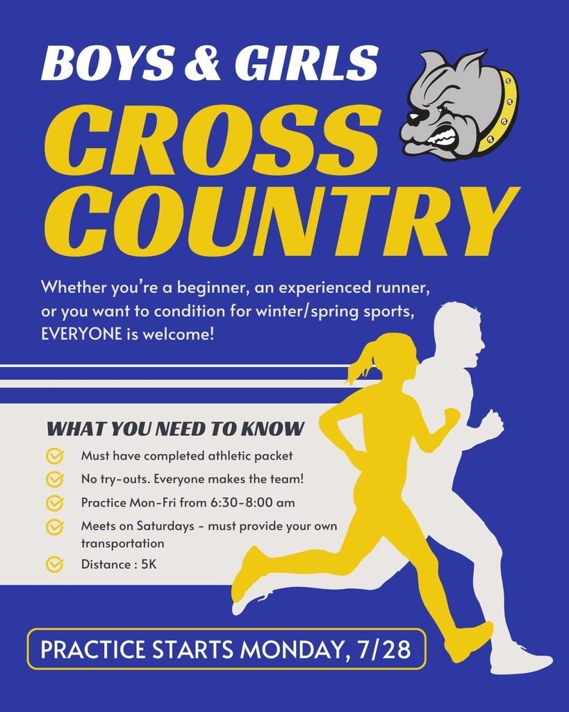 Cross country practice starts Monday, July 28 and is open to boys and girls in grades 9-12 with a completed athletic packet. There are no try-outs. If you want to run, you're on the team!