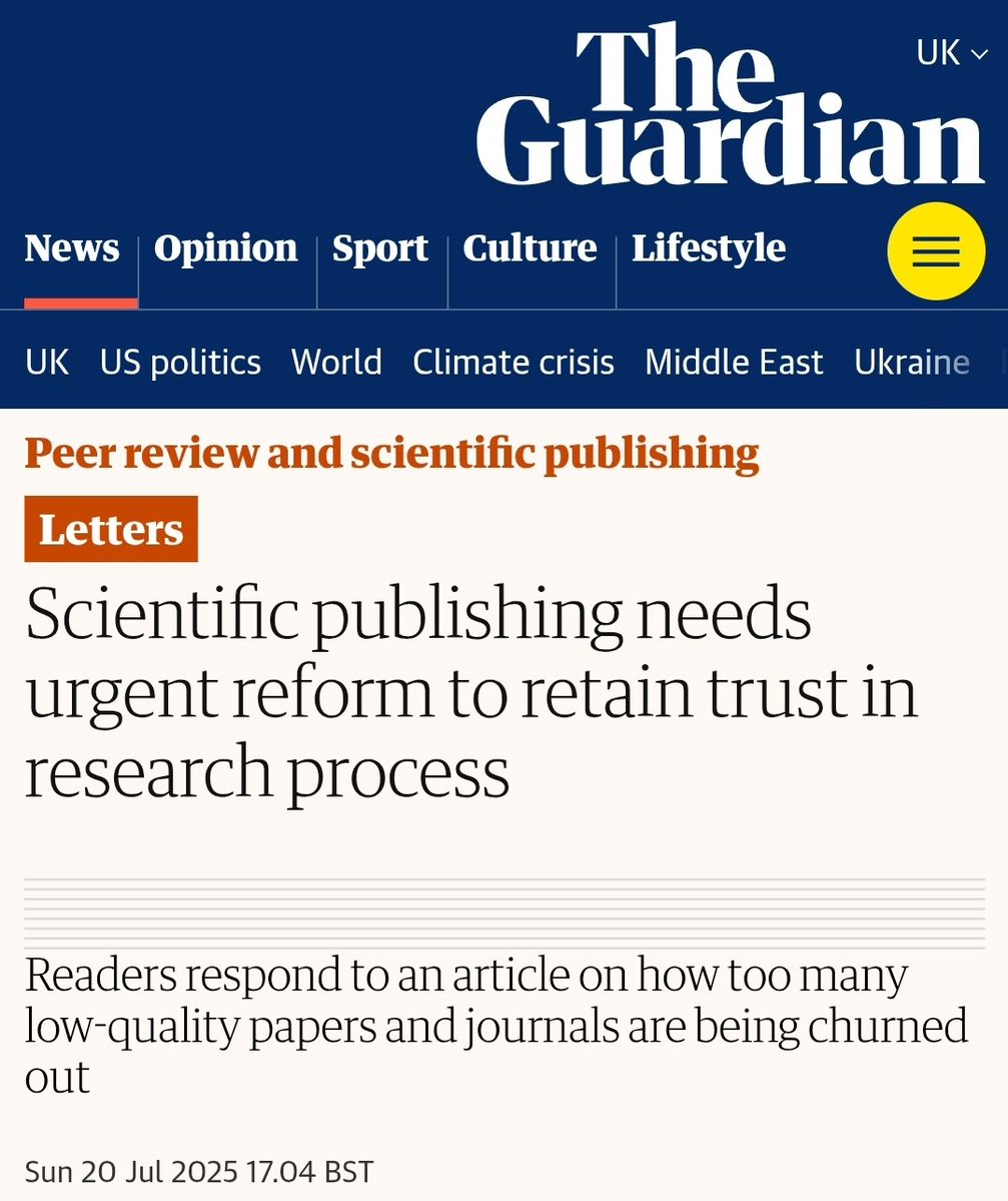 ArindamPhysics's tweet image. I too am convinced that we are publishing far too many papers. The way to put a stop to this unsustainable situation is to enforce quality rather than quantity at all levels, hiring, tenureship, promotion, awards and prizes... everywhere. 
theguardian.com/science/2025/j…