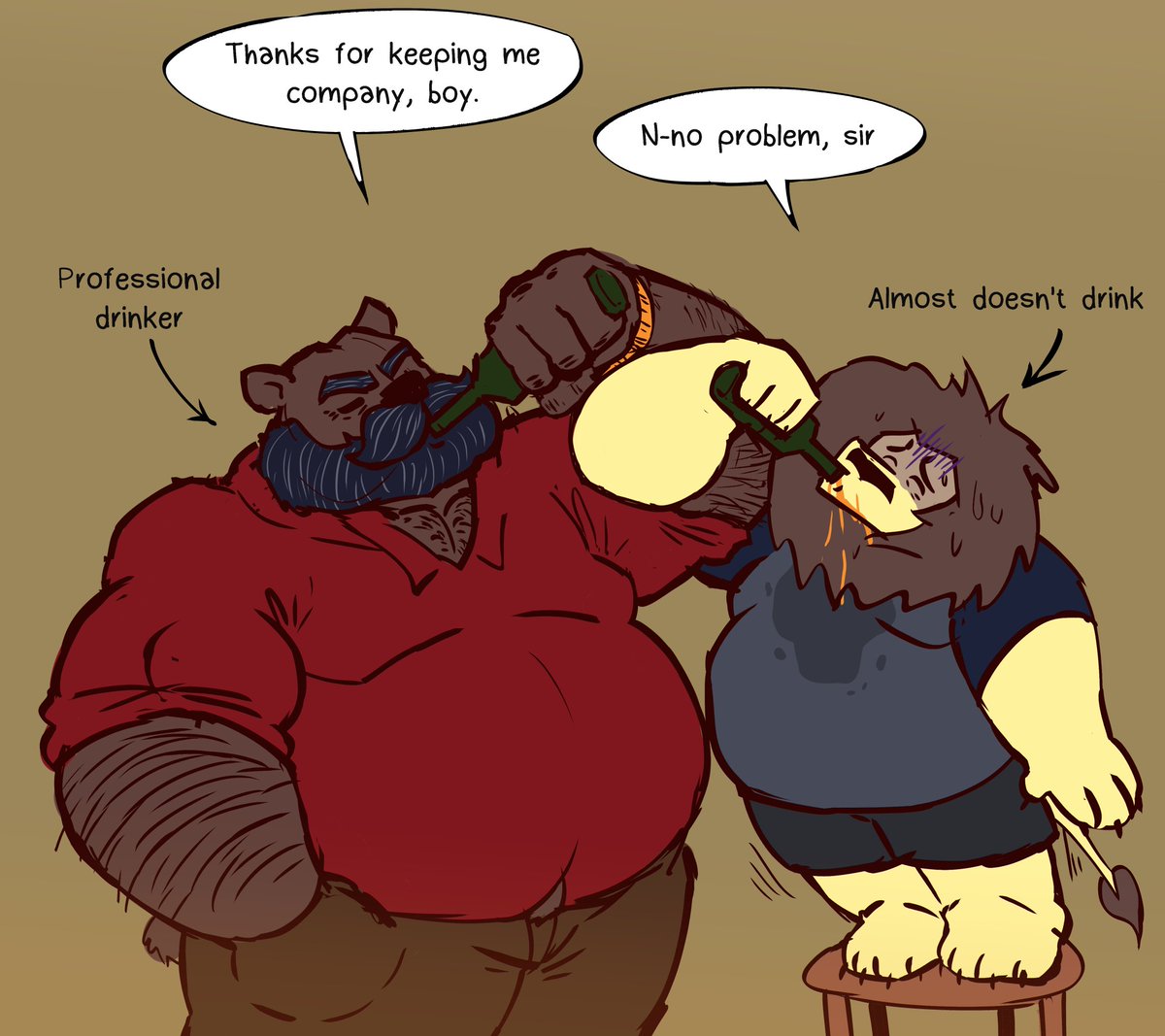 BorderlineBeast's tweet photo. Ben is drinking beer with Norbert on a bruderschaft 
Small lion thought he'd have a chance with this bear if he had a drink with him. He didn't account for the fact that he barely drinks alcohol and he can pass out if he drinks too much
Sketch request for @NorbertBecker51 https://t.co/fISK7m8c5A