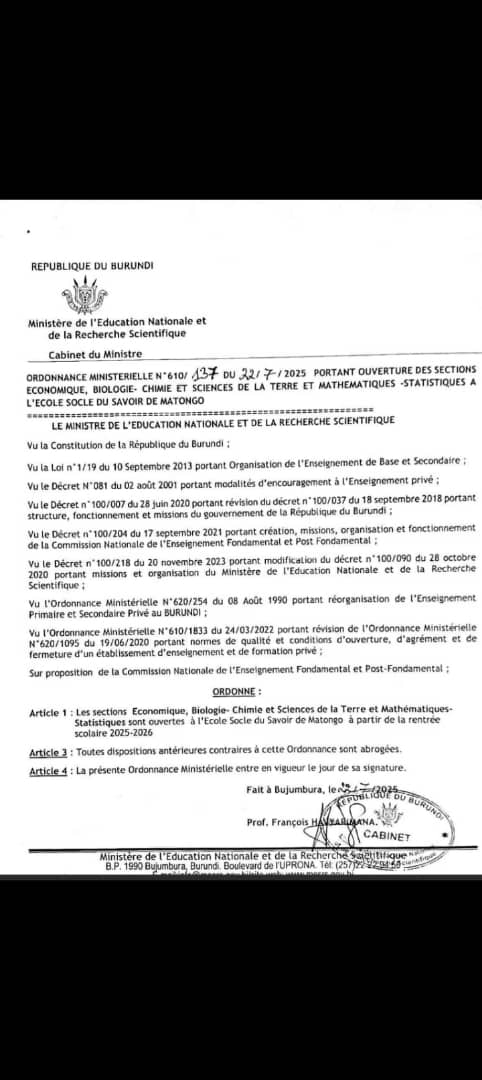 NKUNZIMANA Joseph (@nkunzimana98301) on Twitter photo 📚 Selon l’ordonnance du <a href="/MENRS4/">Ministry, National Education & Scientific Research</a>, les sections Éco, Bio-Chimie, STM & Math-Stat ouvrent à l’École Socle du Savoir de Matongo dès la rentrée 2025-2026.
👏 Merci à <a href="/action_bonne/">Bonne Action B.A Umugiraneza Foundation</a> de SE <a href="/Burundi1stLady/">Angeline Ndayishimiye Ndayubaha</a> pour ce pas fort en éducation ! <a href="/NkurunzizaPhil1/">Nkurunziza Philemon</a> <a href="/aimable12914974/">Agrégé Pablo-Aimable</a> <a href="/NtareHouse/">Ntare Rushatsi House</a> 📚 Selon l’ordonnance du <a href="/MENRS4/">Ministry, National Education & Scientific Research</a>, les sections Éco, Bio-Chimie, STM & Math-Stat ouvrent à l’École Socle du Savoir de Matongo dès la rentrée 2025-2026.
👏 Merci à <a href="/action_bonne/">Bonne Action B.A Umugiraneza Foundation</a> de SE <a href="/Burundi1stLady/">Angeline Ndayishimiye Ndayubaha</a> pour ce pas fort en éducation ! <a href="/NkurunzizaPhil1/">Nkurunziza Philemon</a> <a href="/aimable12914974/">Agrégé Pablo-Aimable</a> <a href="/NtareHouse/">Ntare Rushatsi House</a>