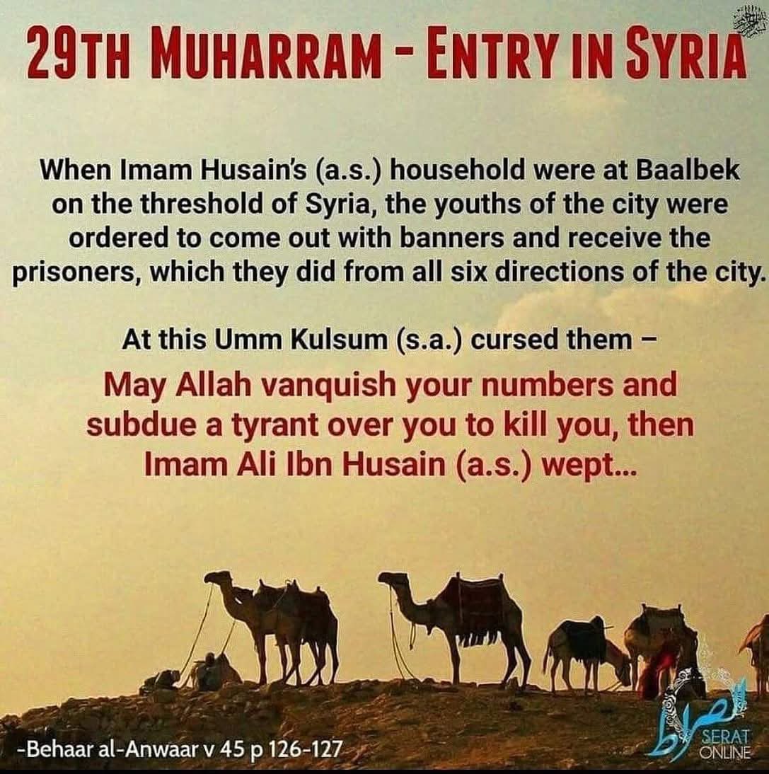 29TH MUHARRAM – ENTRY IN SYRIA 😭

👉🏻 When Imam Husain’s (a.s.) household were at Baalbek on the threshold of Syria, the youths of the city were ordered to come out with banners and receive the prisoners, which they did…...

📚 • Behar al-Anwar v 45 p 126-127

#SeratOnline