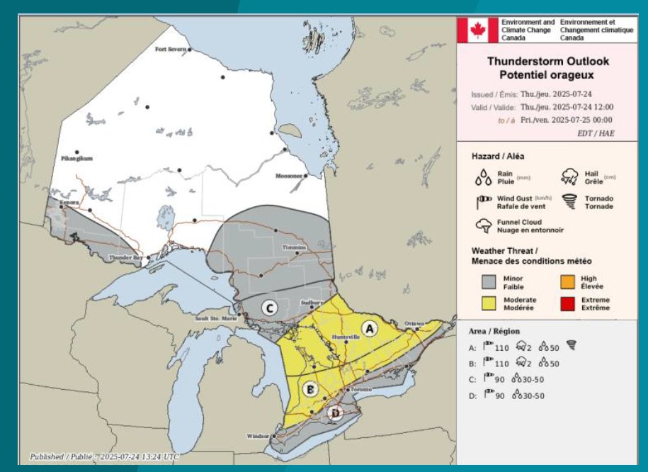 Environment Canada is forecasting damaging winds gusting up to 110 km/h to develop late this afternoon and this evening. 

Tornado risk is possible from Lake Huron (Grey/Bruce and Manitoulin Island eastward to Algonquin and North Bay)