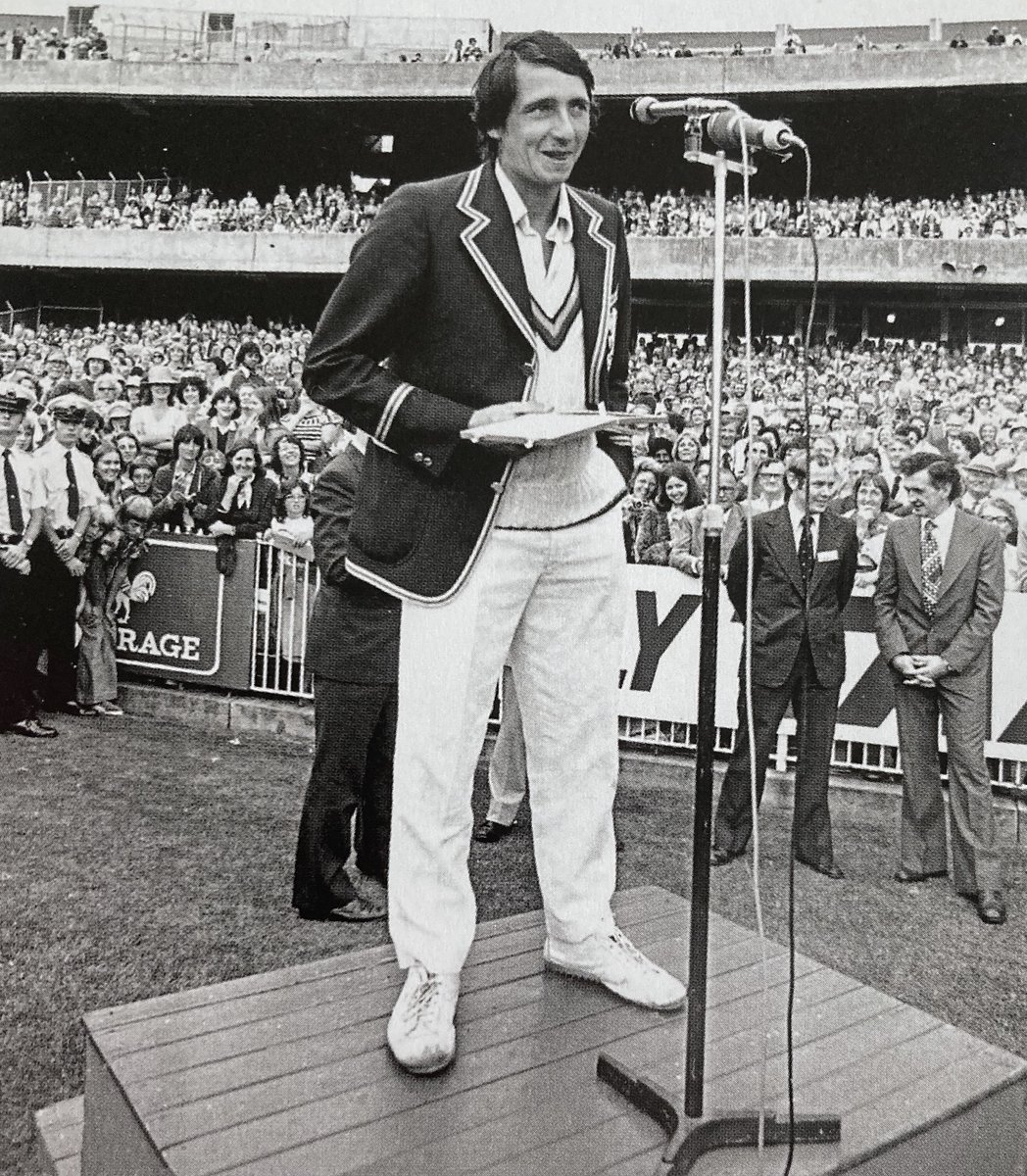 I wonder what he said? 

Derek Randall is about to say a few words in what must have been a bittersweet moment after the Centenary Test - England had lost of course, but Randall's brilliant 174 brought him the match award ahead of Dennis Lillee whose figures were 6-26 and 5-139