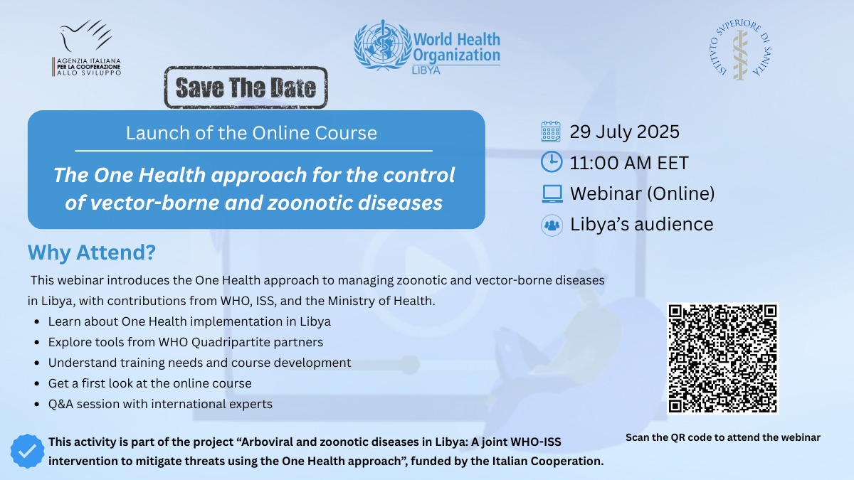 WHOLIBYA's tweet image. Save the Date
Join us on 29 July 2025 at 11:00 AM EET for the launch of the One Health online course on controlling vector-borne and zoonotic diseases 🇱🇾
Learn about One Health approach & explore tools, training & real case studies
🔗 Register via below👇
rebrand.ly/onehealth-webi…