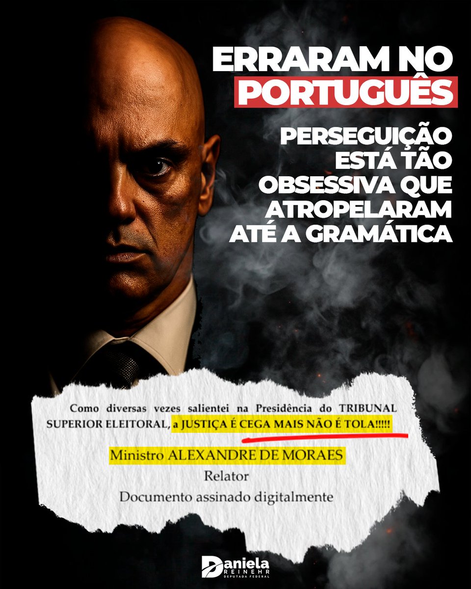 O negócio está tão desenfreado, tão fora de controle, que parece que nem tempo para revisar a gramática eles têm mais.

📌 Ao descartar a prisão de Bolsonaro, Alexandre de Moraes escreveu:
"A Justiça é cega, MAIS não é tola."