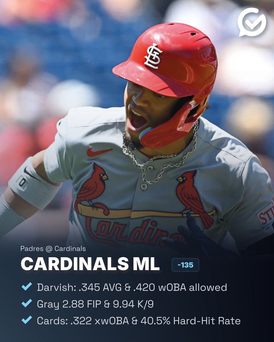 CARDS CASH AT HOME TONIGHT 💸

MLB: Padres @ Cardinals
Pick: Cardinals ML -135 | 1 unit

Why this hits 👇

Sonny Gray’s filthy 2.88 FIP and electric 9.94 K/9 show true ace power for St. Louis. The Busch Stadium edge gives the Cards the boost, and Gray’s nasty stuff sets the tone