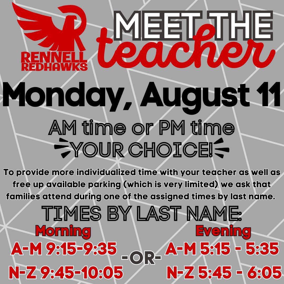 Save the Date! We are so excited for the new school year and we cannot wait to see all of our new and returning Redhawks! #WeAreRennell