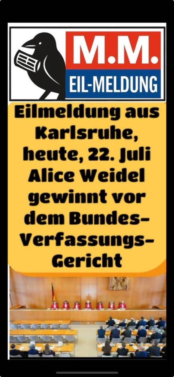 Eilmeldung aus Karlsruhe, veröffentlicht 
Dienstag, 22. Juli 2025, 11:00

Alice Weidel gewinnt vor dem Bundesverfassungsgericht, aber niemand berichtet:

Während  wir noch nicht einmal ansatzweise mit dem Skandal vom vergangenen  Sonntag fertig sind, dem orchestrierten Auftritt