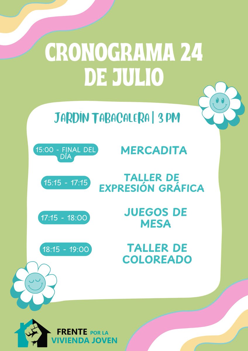 FrenteViviendaJ's tweet photo. 🎨🔥 ¡Hoy en el #JardínTabacalera!
Desde las 3PM:
🛍️ Mercadita
✏️ Taller de expresión gráfica (15:15)
🎲 Juegos de mesa (17:15)
🖍️ Taller de coloreado (18:15)
¡Cáele!
#FVJ #ArteEnResistencia #CulturaPopular https://t.co/1QimtOqTcq