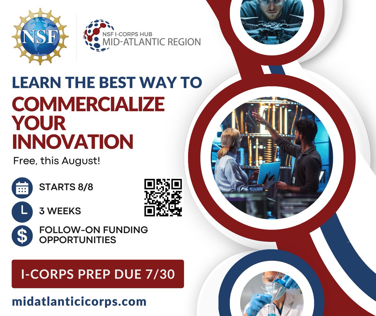 Mtech (@mtechumd) on Twitter photo This August, the I-Corps Mid-Atlantic Hub offers free training on commercializing innovations. Funded by the <a href="/NSF/">U.S. National Science Foundation</a>, the course guides innovators in defining business models and customer discovery. hubs.la/Q03yN3lw0 This August, the I-Corps Mid-Atlantic Hub offers free training on commercializing innovations. Funded by the <a href="/NSF/">U.S. National Science Foundation</a>, the course guides innovators in defining business models and customer discovery. hubs.la/Q03yN3lw0