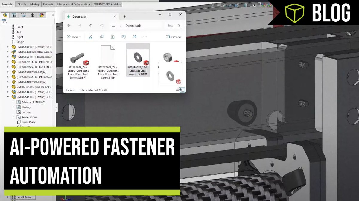 GoEngineer's tweet image. In #SOLIDWORKS 2025 FD03, you can enable "#AI fastener recognition" to automatically create smart mates when inserting hardware into your assemblies! Cailin tried it out herself for our recent blog. Click here to see what she learned: hubs.la/Q03yMlMk0
#automation