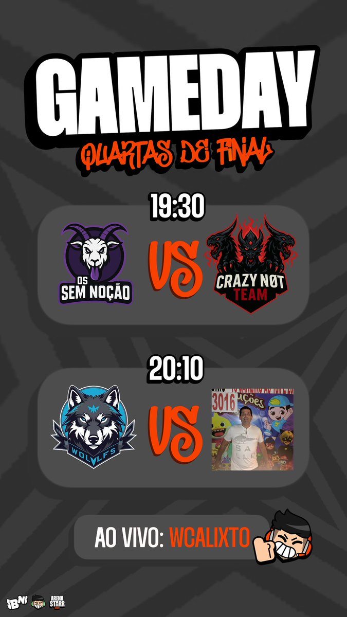 arena_starr1's tweet photo. | QUARTAS DE FINAL: DIA 1

HOJE!💥 Jogasso com Os Sem Noção VS Crazy Not Team e Wolfs  VS Caça Frank! 

🔴Ao vivo 19:30 no canal Wcalixtoo
 🔗 https://t.co/8Im780qsgq https://t.co/Zltnx2DMBQ
