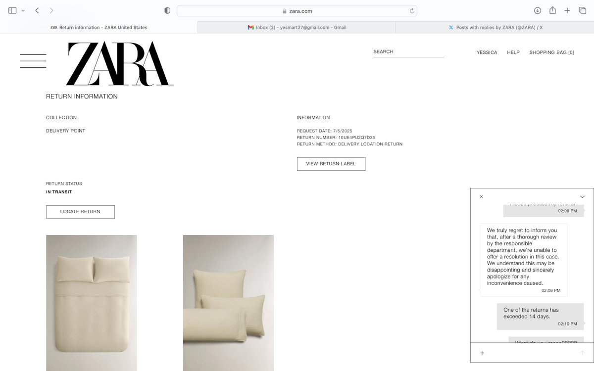YesMart_PL's tweet photo. @ZARA I have proof of return and it has exceeded 14 days for my refund. And Zara is literally refusing to provide my refund. How do I report you guys???? @BBBTriCounties https://t.co/2Sgd3QUbyC