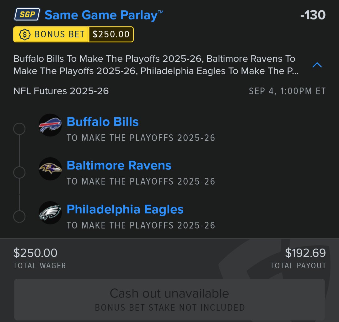 Tom_Vecchio1's tweet image. Let's start mixing in some NFL futures in the coming weeks. @SportsGrid
Really straightforward with three strong teams to make the playoffs.