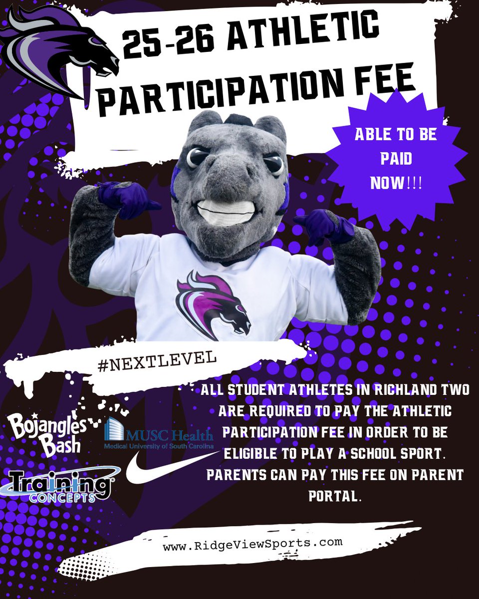 RidgeViewSports's tweet image. Athletic Fees can now be paid on Parent Portal! This is a one-time District fee of $50. Fees must be paid before student-athletes will be allowed to compete.

#NextLevel