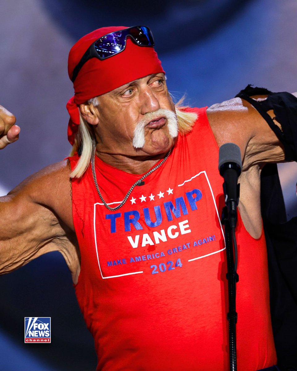 FoxNews's tweet photo. President Trump honors his “great friend,” the “Hulkster,” with a moving tribute — recalling his “absolutely electric” speech that rocked the RNC. https://t.co/Z0qtxi45l7