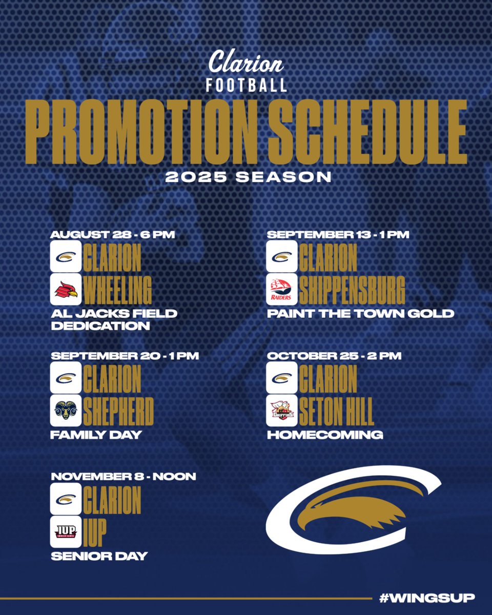 Clarion Golden Eagles (@clarioneagles) on Twitter photo We've got a full slate of promotions in store for this year's home <a href="/ClarionFootball/">Clarion Football</a> schedule! Don't miss out! We've got a full slate of promotions in store for this year's home <a href="/ClarionFootball/">Clarion Football</a> schedule! Don't miss out!