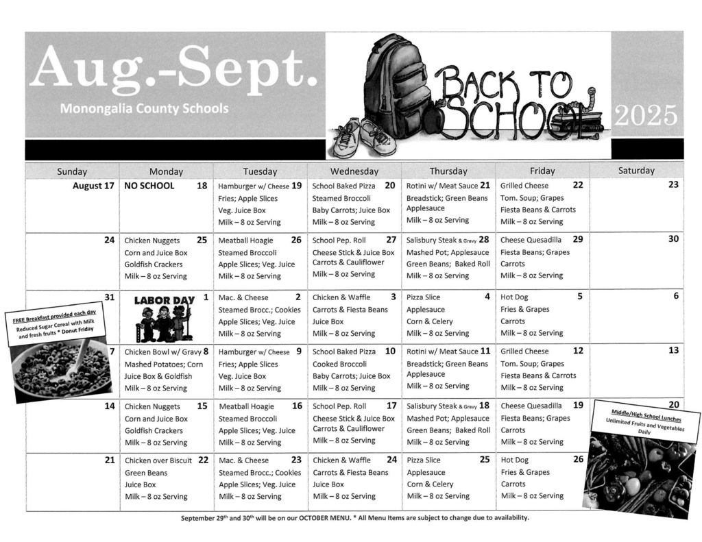 UHSHawks's tweet image. August &amp;amp; September Lunch Menu