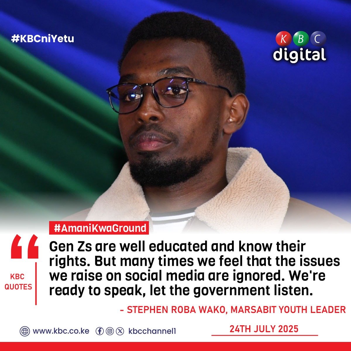 KBCChannel1's tweet image. Stephen Roba Wako, Marsabit Youth Leader: Gen Zs are well educated and know their rights. But many times we feel that the issues we raise on social media are ignored. We're ready to speak, let the government listen.
#AmaniKwaGround ^RO