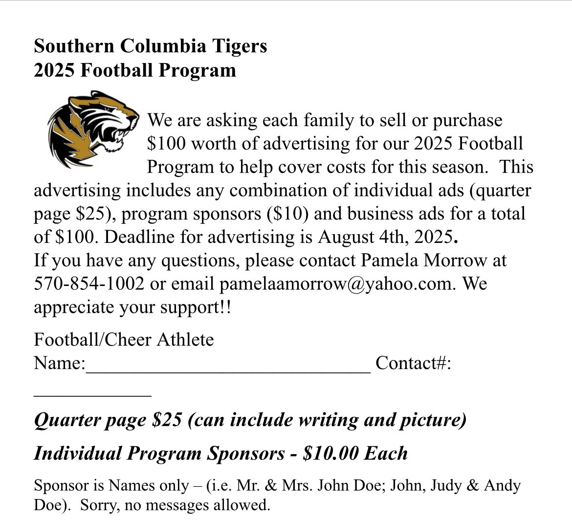 SCA Tiger Football Alumni (@scafootballalum) on Twitter photo Hey business owners, alumni, and fans of <a href="/SoCoTigerSports/">SoCoTigerSports</a> -- want to get in our 2025 π game programs? Just 11 days left! Wish a special player good luck, or advertise your company to the Tiger Stadium crowd! π
(Business specifics in comments.) Hey business owners, alumni, and fans of <a href="/SoCoTigerSports/">SoCoTigerSports</a> -- want to get in our 2025 π game programs? Just 11 days left! Wish a special player good luck, or advertise your company to the Tiger Stadium crowd! π
(Business specifics in comments.)