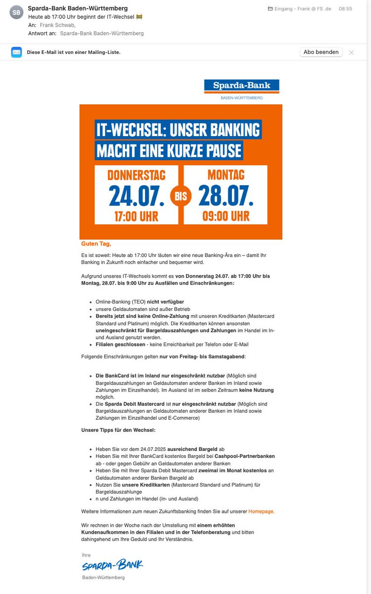 Wow, das nenne ich mal eine IT Umstellung - fast ❗️vier Tage avisierter Ausfall❗️verschiedener Services.

#banken #banking #IT #Technologie #transformation #itumstellung #digital #digitalbanking