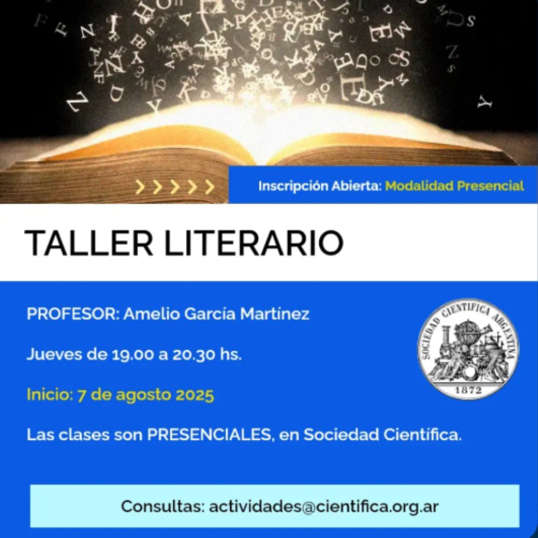 CientificaArg's tweet photo. Sumate al Taller Literario de la @SocCientificaAr
📅 Jueves 19 hs | desde el 7/8
📍 Biblioteca SCA
✍️ Cupos limitados
📩 actividades@cientifica.org.ar
📲 ¡Seguí nuestras redes!
#LeerEsCrecer #TallerLiterario #SociedadCientíficaArgentina https://t.co/NeJUXGnBQv