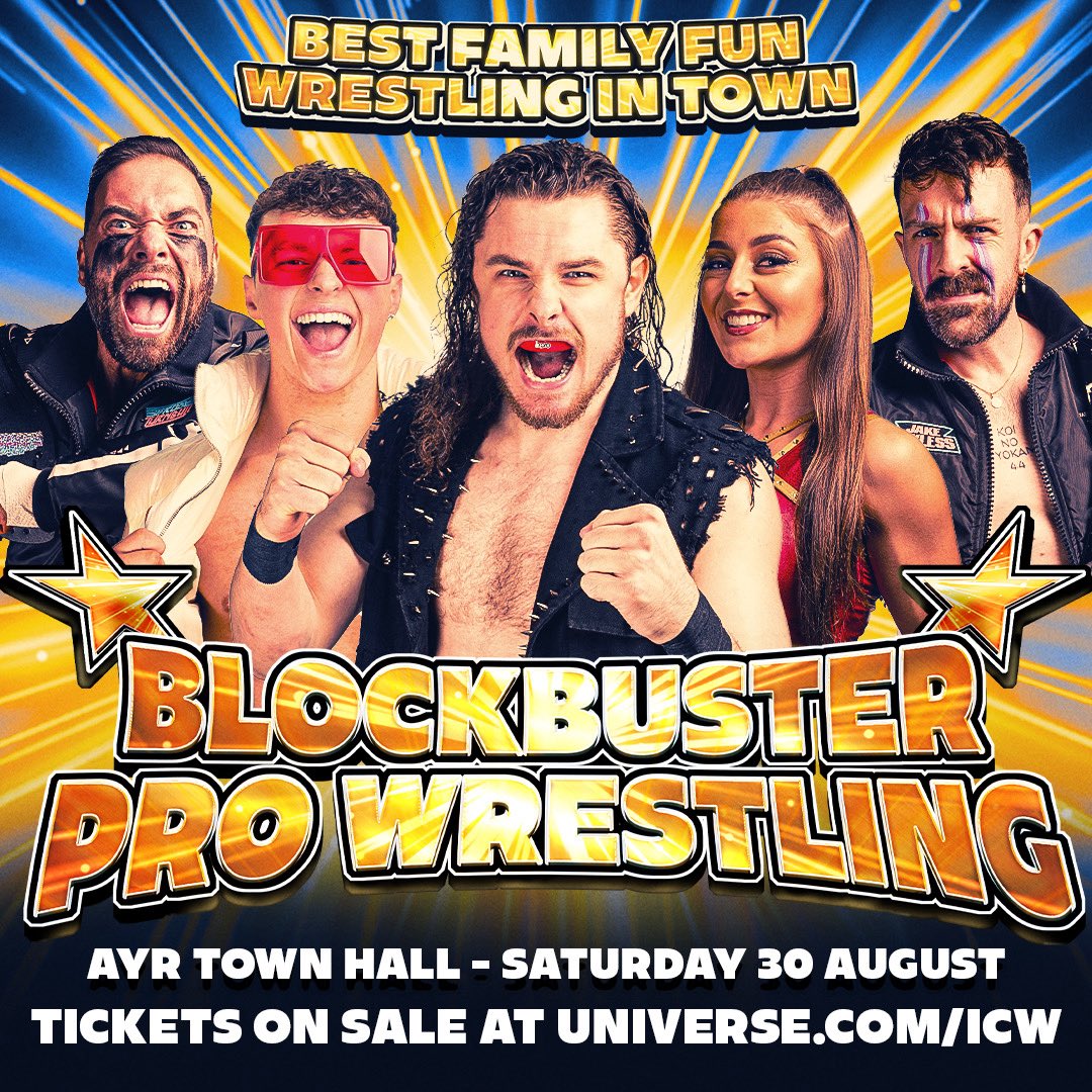 BlockbusterWres's tweet image. Silver Second Row seats for our return to Ayr Town Hall on Saturday 30 August are now SOLD OUT! Silver Third Row & General Seats remaining at universe.com/icw