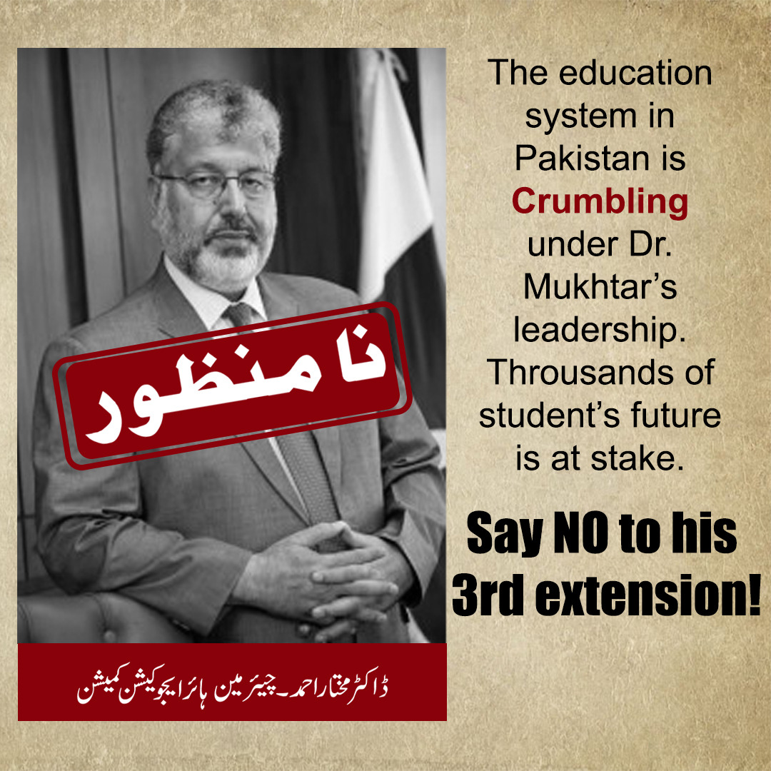<a href="/CMShehbaz/">Shehbaz Sharif</a> Under Article 25-A of the Constitution of Pakistan, it is the state’s responsibility to ensure equal access to quality education and safeguard the future of every citizen. Dr. Mukhtar Ahmed, Chairman HEC, has violated this mandate by jeopardizing the future of over 54,000