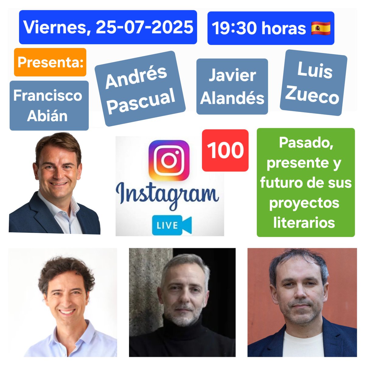 Desde que comencé  el 31-08-2023 los Directos a 4 en Instagram charlando con escritores/as para dar a conocer sus obras literarias, siempre soñé con poder charlar con estos 3 escritores,  a los que admiro muchísimo y mañana será posible 🥰🥰🥰📚📚📚⬇️⬇️⬇️

✅️ Andrés Pascual