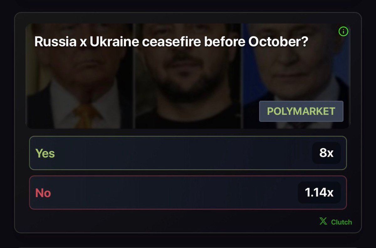 ClutchMarkets's tweet image. Despite agreeing to additional prisoner swaps during their third round of talks in Istanbul on July 23, Russia and Ukraine remain at an impasse, with no ceasefire secured. Would an 8× multiplier be an attractive incentive to achieve a ceasefire by the end of September?